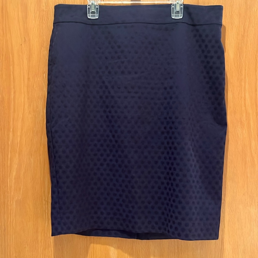 Banana Republic navy pencil skirt, navy blue with polkadot, back slit.